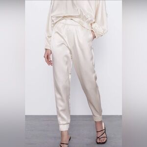 Zara Cream Satin Jogger Pants, XS